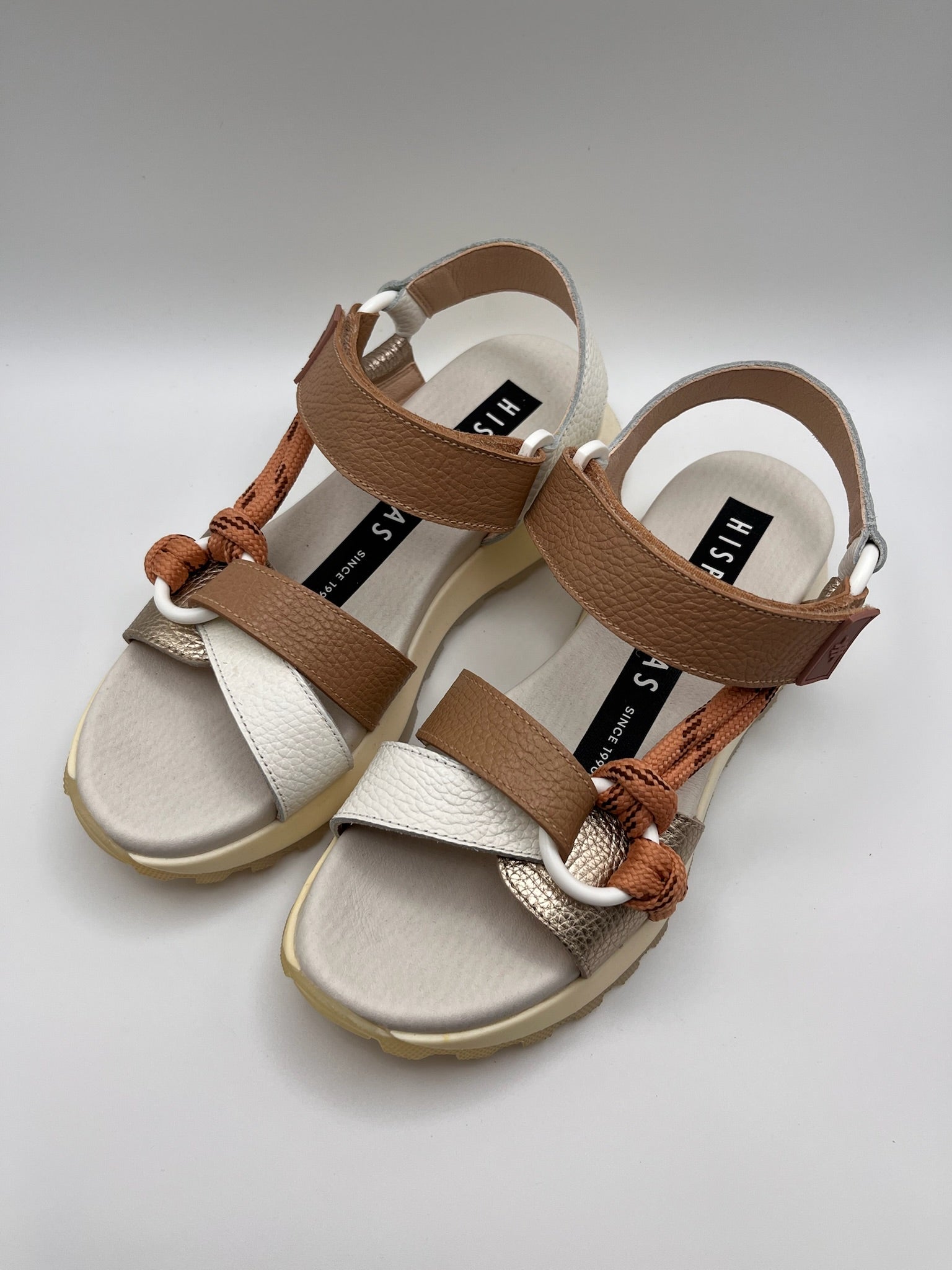 Sandálias Hispanitas Senhora Couro Branco e Castanho Com Plataforma, Sandália Desportiva Ergonómica de Cunha Confortável Casual Com Corda e Fivela, Calçado Moda Feminina Verão