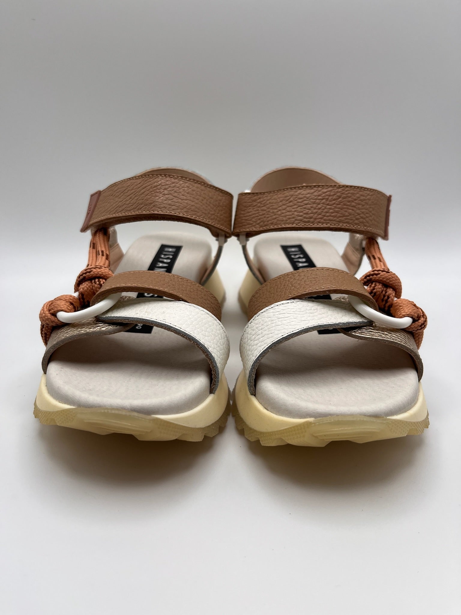 Sandálias Hispanitas Senhora Couro Branco e Castanho Com Plataforma, Sandália Desportiva Ergonómica de Cunha Confortável Casual Com Corda e Fivela, Calçado Moda Feminina Verão