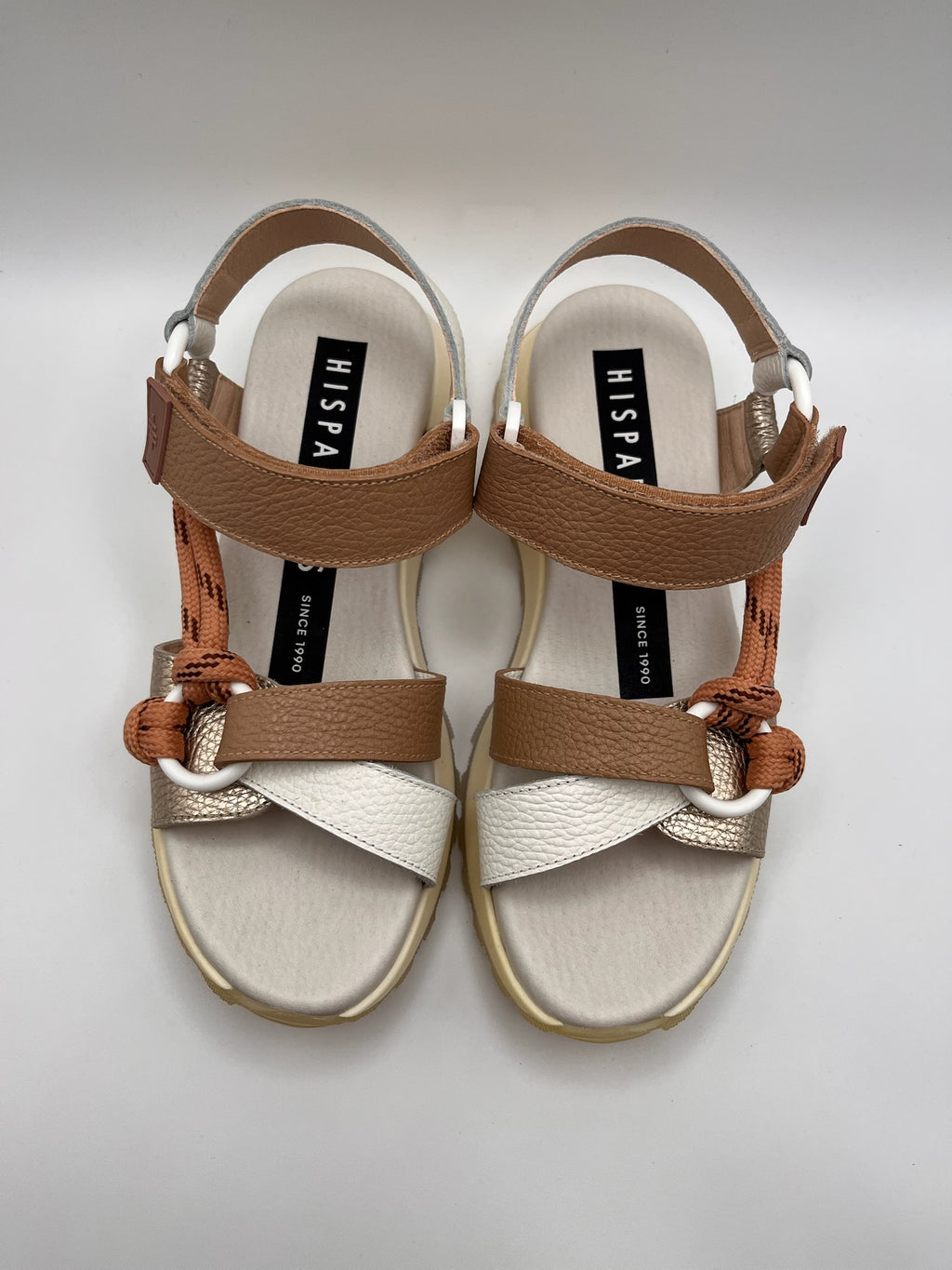 Sandálias Hispanitas Senhora Couro Branco e Castanho Com Plataforma, Sandália Desportiva Ergonómica de Cunha Confortável Casual Com Corda e Fivela, Calçado Moda Feminina Verão