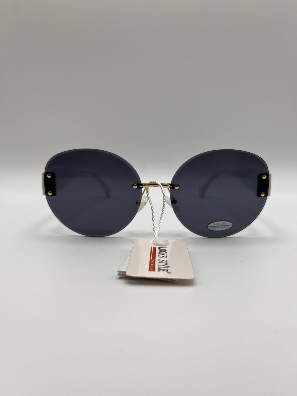 Óculos de Sol Feminino Looks Style Redondo Sem Aro; Lentes Pretas UV400; Hastes Brancas e Ouro; Vintage Luxo