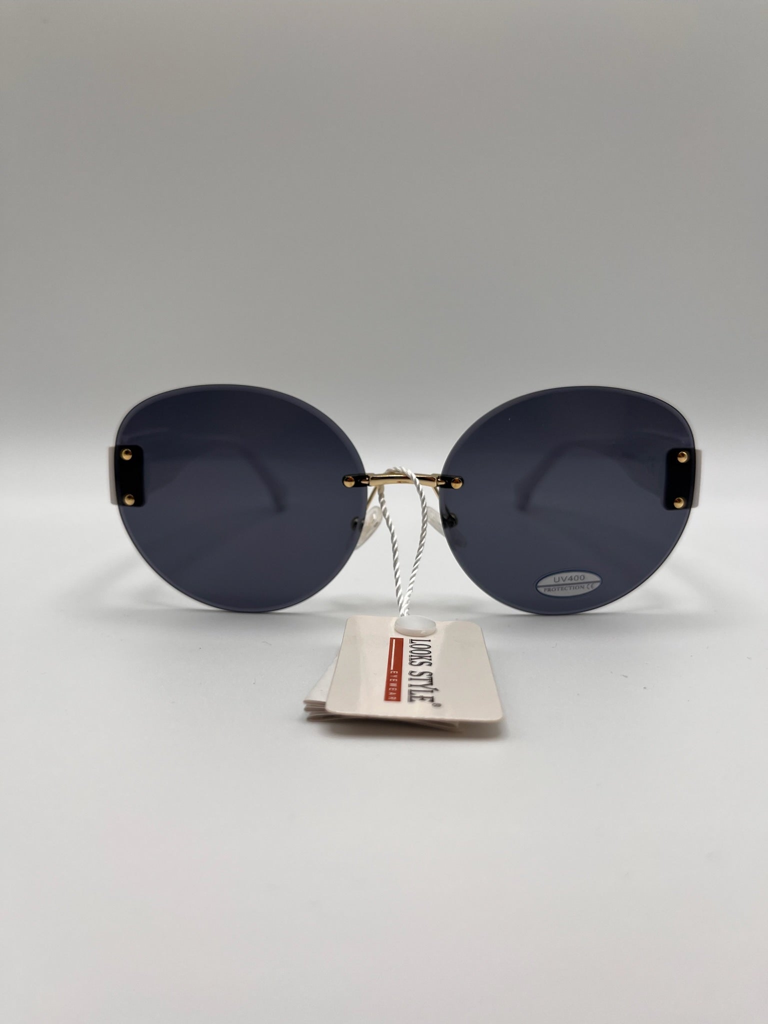 Óculos de Sol Feminino Looks Style Redondo Sem Aro; Lentes Pretas UV400; Hastes Brancas e Ouro; Vintage Luxo
