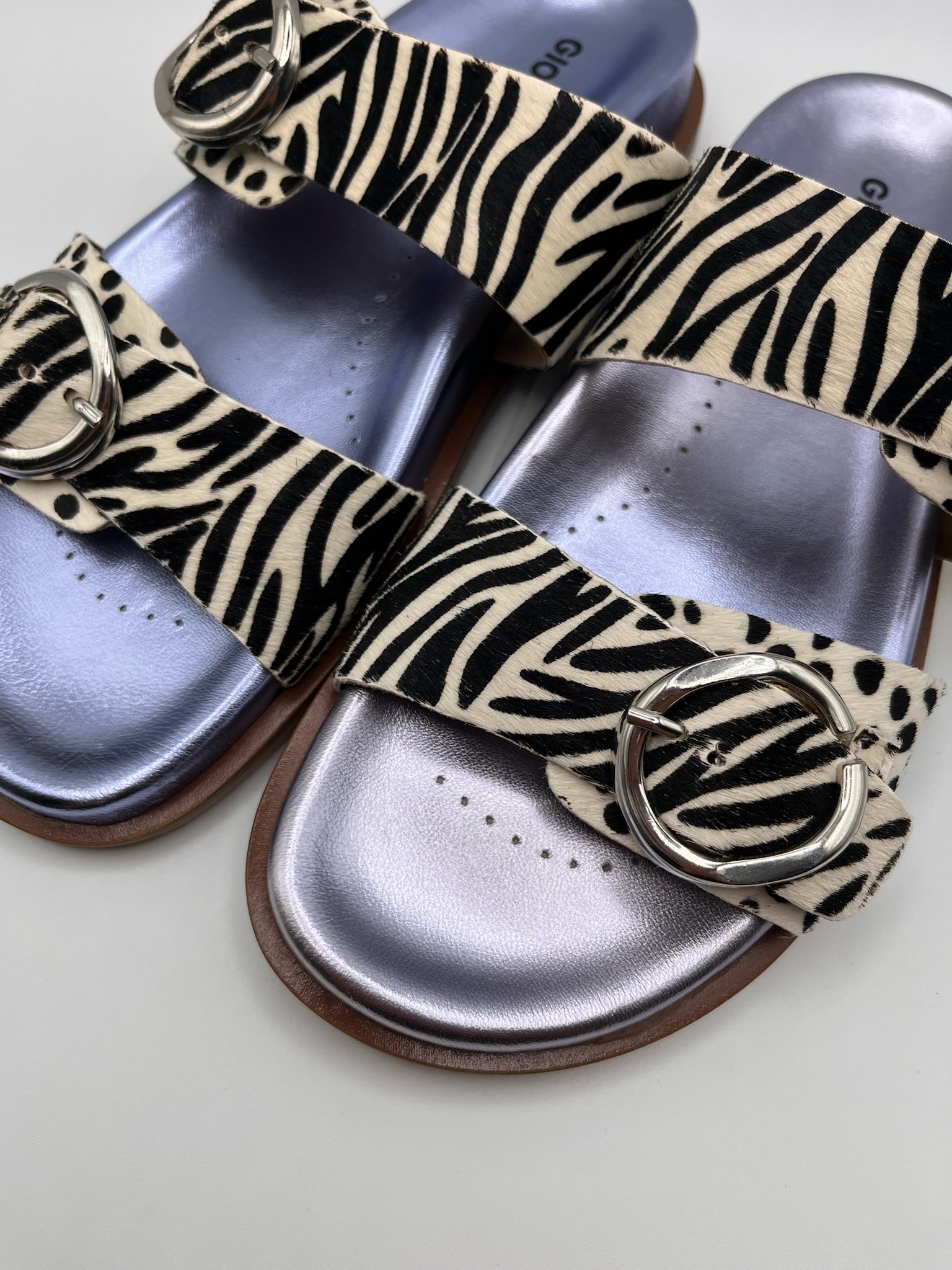 Sandálias Gioseppo Carney Mulher em Pele Padrão Zebra com Fivelas Grandes e Palmilha Azul Anatómica; Chinelos Estilo Birkenstok Confortáveis para Verão; Calçado Feminino Moderno e Elegante