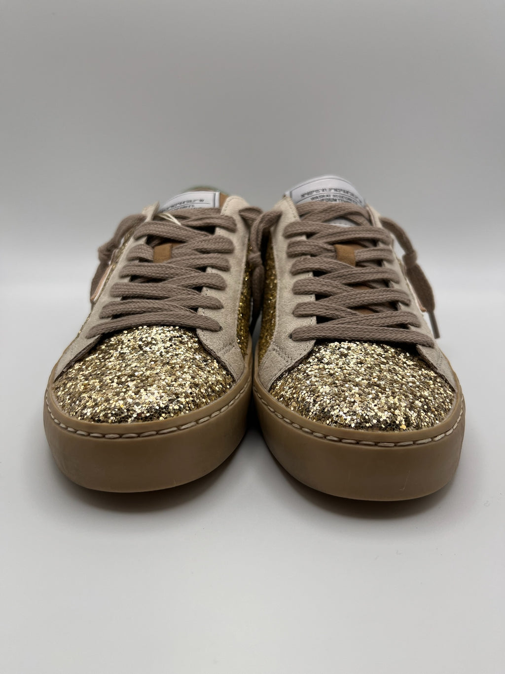 Sapatilhas Femininas Brilhantes com Glitter Dourado; Ténis Corina Casual de Moda com Detalhe de Raio Bege Azul e Sola Confortável; Calçado Estiloso para Senhora
