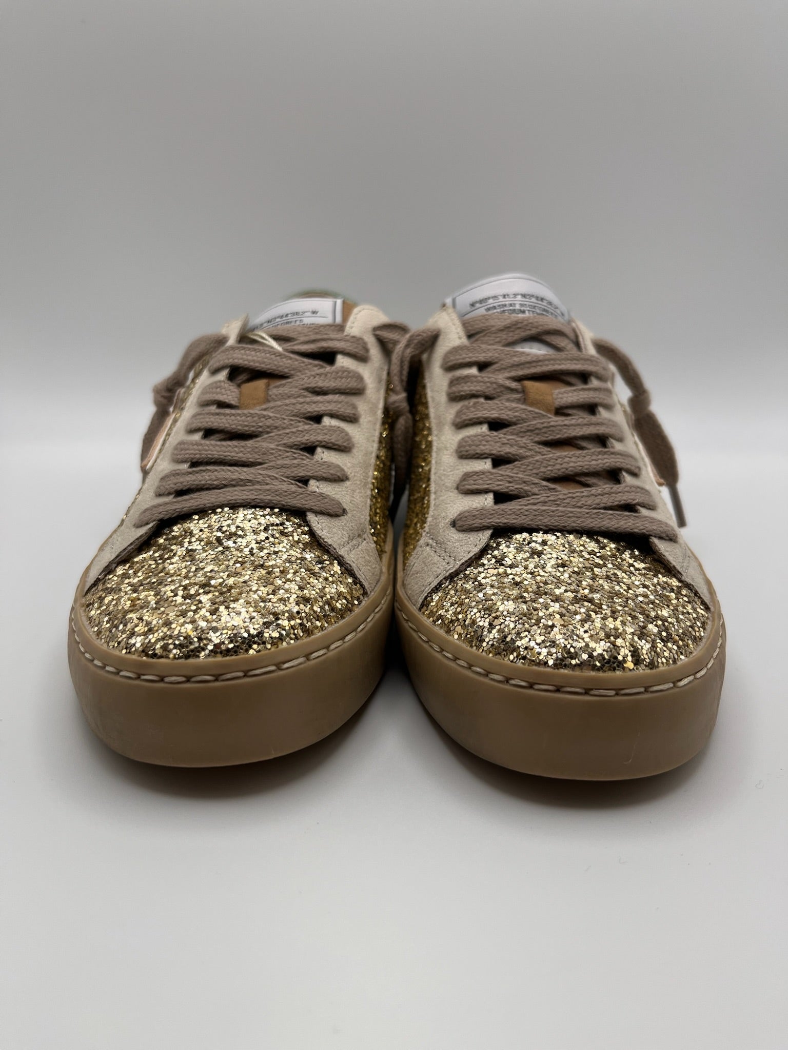 Sapatilhas Femininas Brilhantes com Glitter Dourado; Ténis Corina Casual de Moda com Detalhe de Raio Bege Azul e Sola Confortável; Calçado Estiloso para Senhora