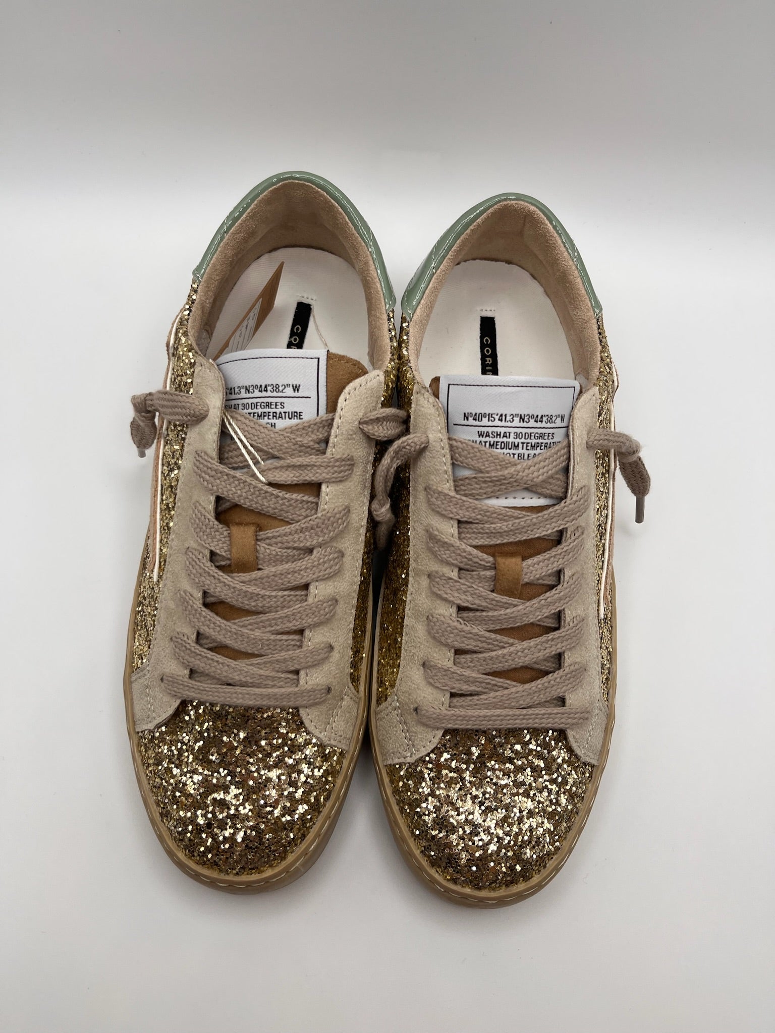 Sapatilhas Femininas Brilhantes com Glitter Dourado; Ténis Corina Casual de Moda com Detalhe de Raio Bege Azul e Sola Confortável; Calçado Estiloso para Senhora