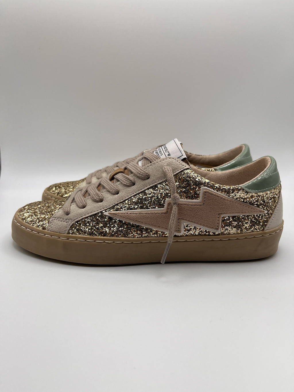 Sapatilhas Femininas Brilhantes com Glitter Dourado; Ténis Corina Casual de Moda com Detalhe de Raio Bege Azul e Sola Confortável; Calçado Estiloso para Senhora