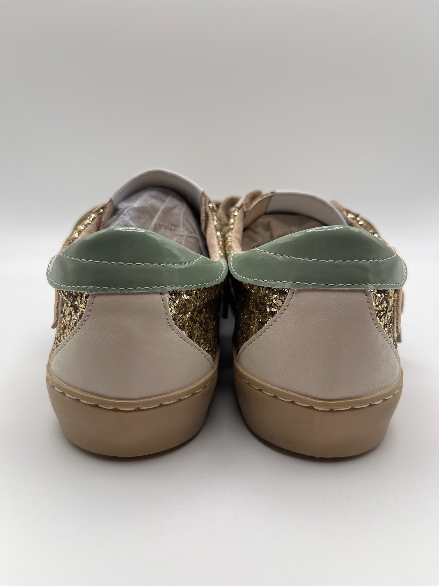 Sapatilhas Femininas Brilhantes com Glitter Dourado; Ténis Corina Casual de Moda com Detalhe de Raio Bege Azul e Sola Confortável; Calçado Estiloso para Senhora