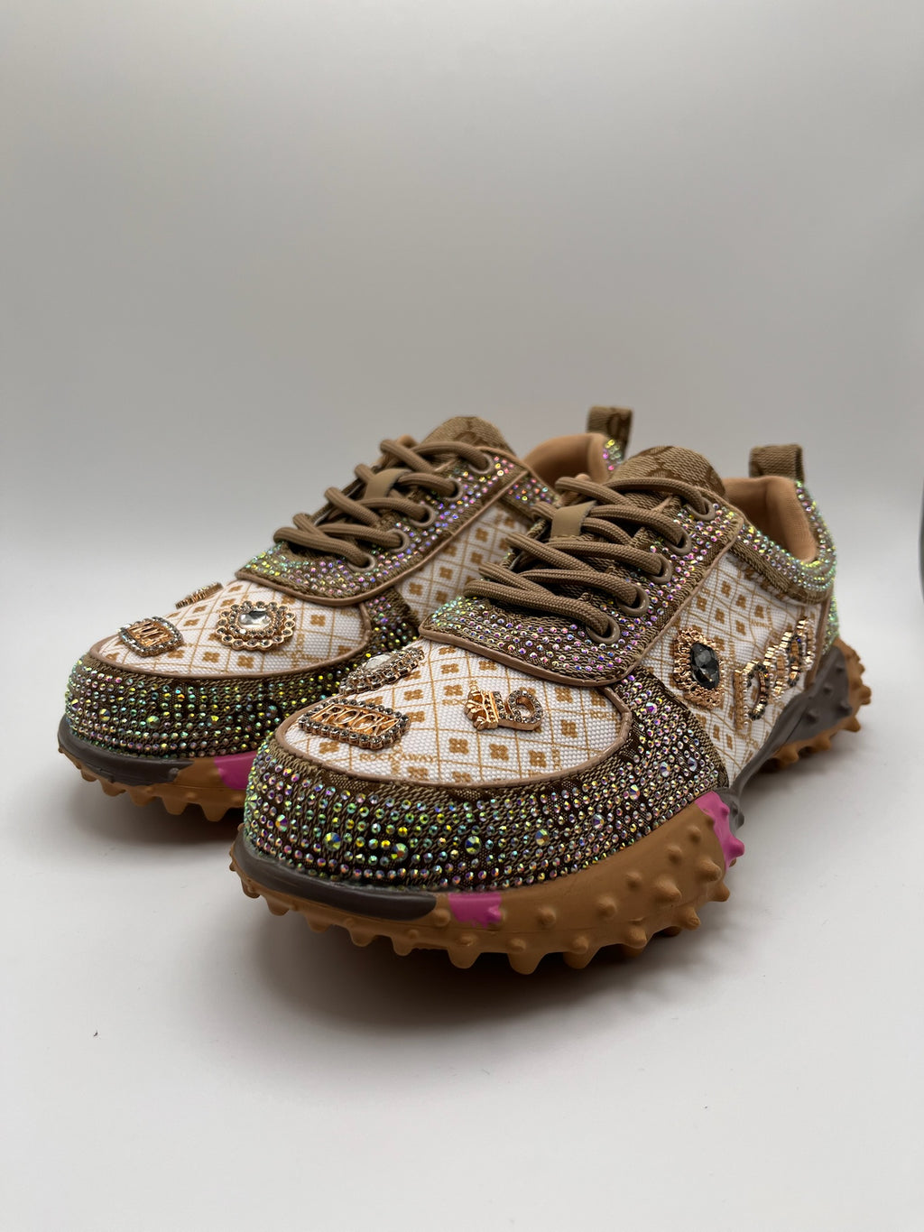 Sapatilhas Femininas Rockaway de Luxo Com Brilhantes e Strass Rock; Ténis Castanho Plataforma com Sola Tratorada de Espinhos; Calçado Casual Confortável Moda Streetwear Outono Inverno