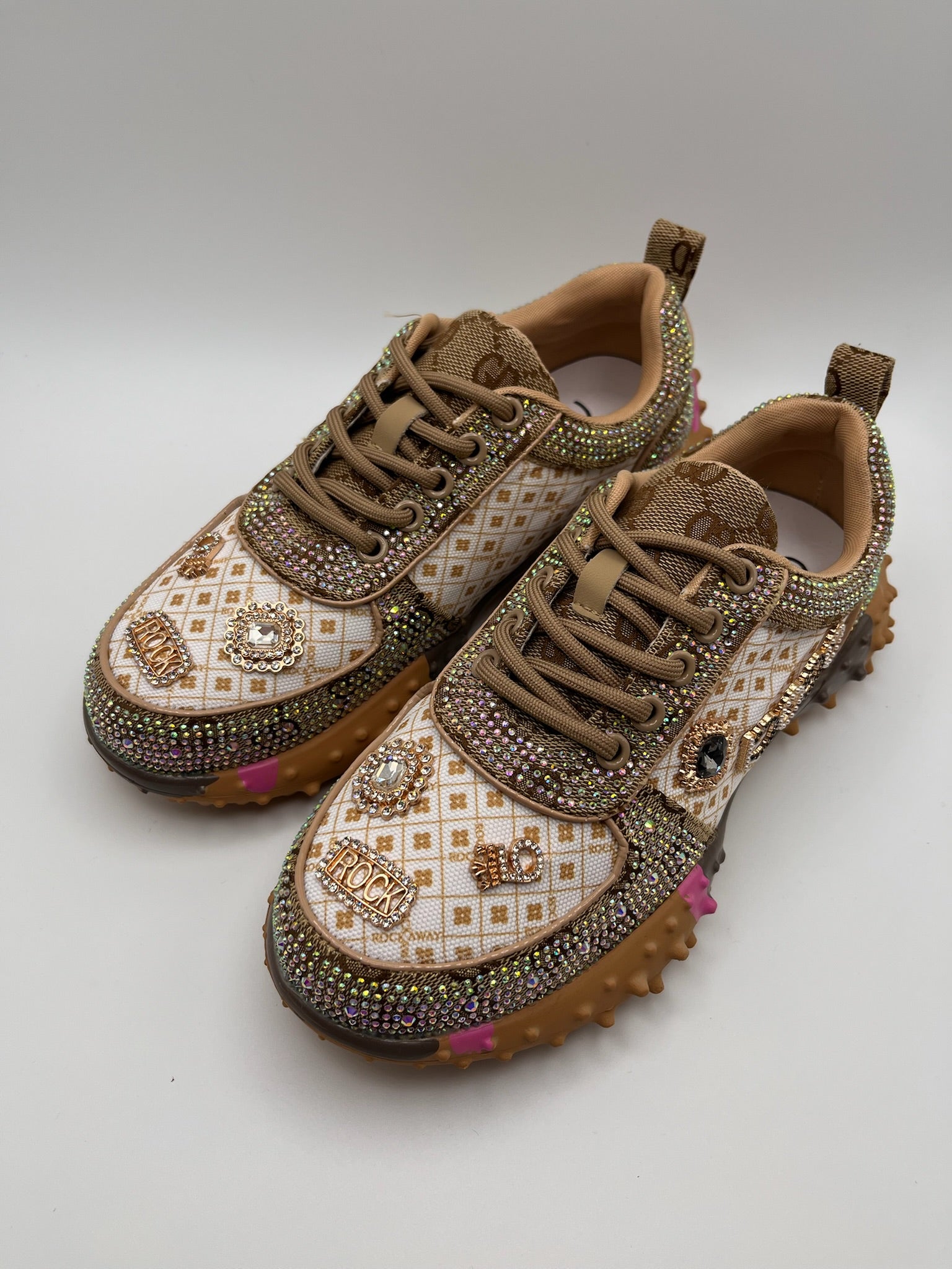 Sapatilhas Femininas Rockaway de Luxo Com Brilhantes e Strass Rock; Ténis Castanho Plataforma com Sola Tratorada de Espinhos; Calçado Casual Confortável Moda Streetwear Outono Inverno