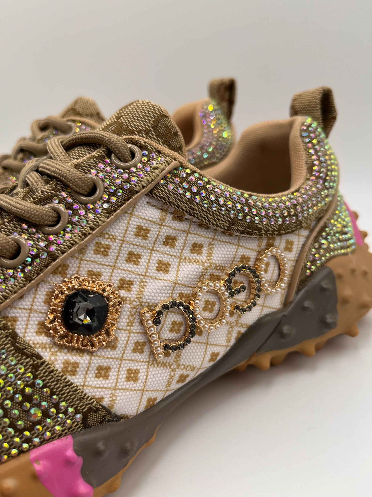 Sapatilhas Femininas Rockaway de Luxo Com Brilhantes e Strass Rock; Ténis Castanho Plataforma com Sola Tratorada de Espinhos; Calçado Casual Confortável Moda Streetwear Outono Inverno