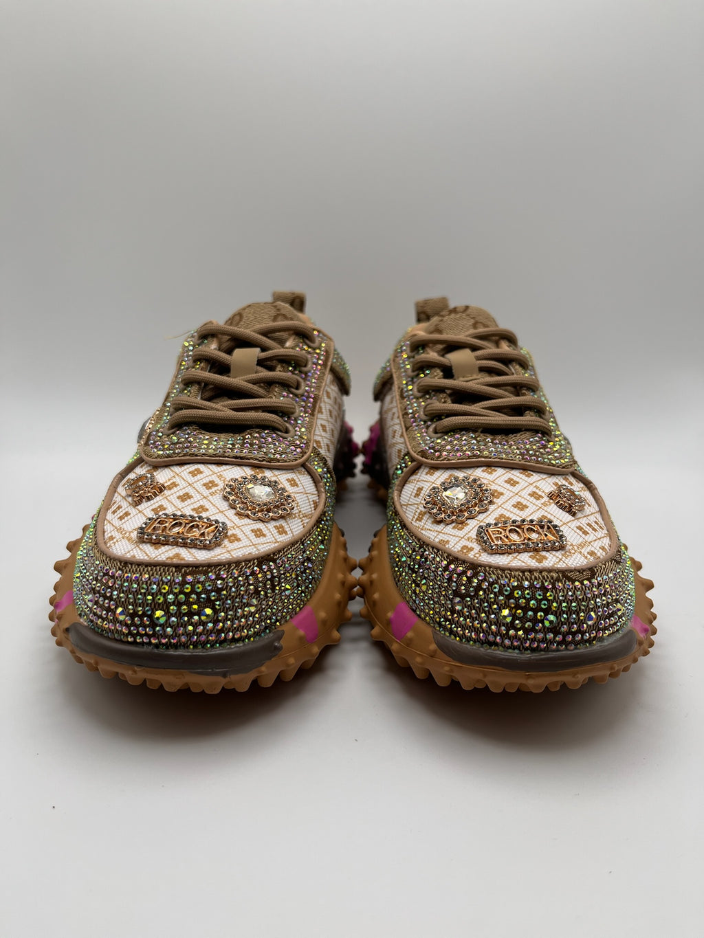 Sapatilhas Femininas Rockaway de Luxo Com Brilhantes e Strass Rock; Ténis Castanho Plataforma com Sola Tratorada de Espinhos; Calçado Casual Confortável Moda Streetwear Outono Inverno