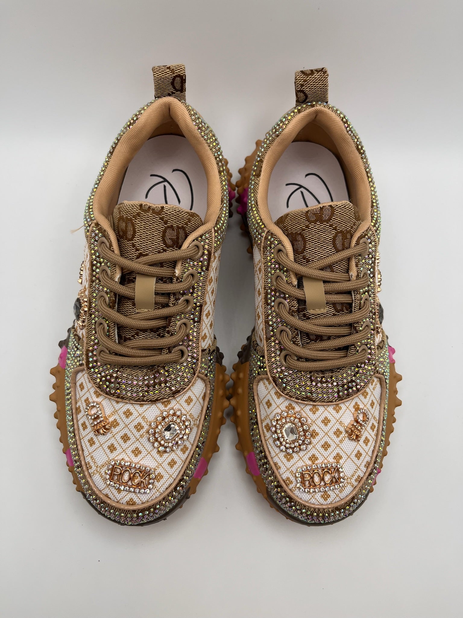 Sapatilhas Femininas Rockaway de Luxo Com Brilhantes e Strass Rock; Ténis Castanho Plataforma com Sola Tratorada de Espinhos; Calçado Casual Confortável Moda Streetwear Outono Inverno