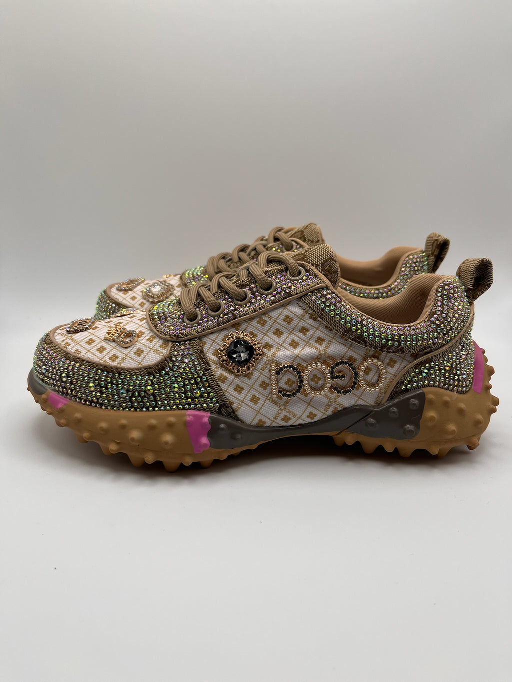Sapatilhas Femininas Rockaway de Luxo Com Brilhantes e Strass Rock; Ténis Castanho Plataforma com Sola Tratorada de Espinhos; Calçado Casual Confortável Moda Streetwear Outono Inverno