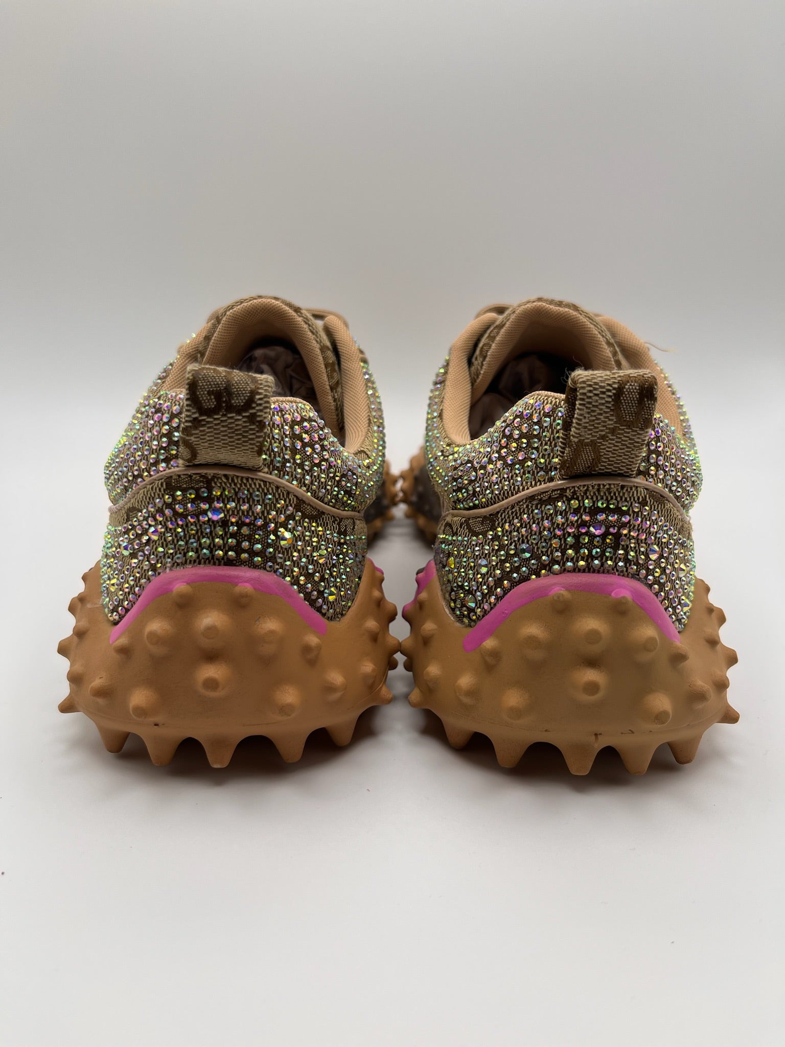 Sapatilhas Femininas Rockaway de Luxo Com Brilhantes e Strass Rock; Ténis Castanho Plataforma com Sola Tratorada de Espinhos; Calçado Casual Confortável Moda Streetwear Outono Inverno