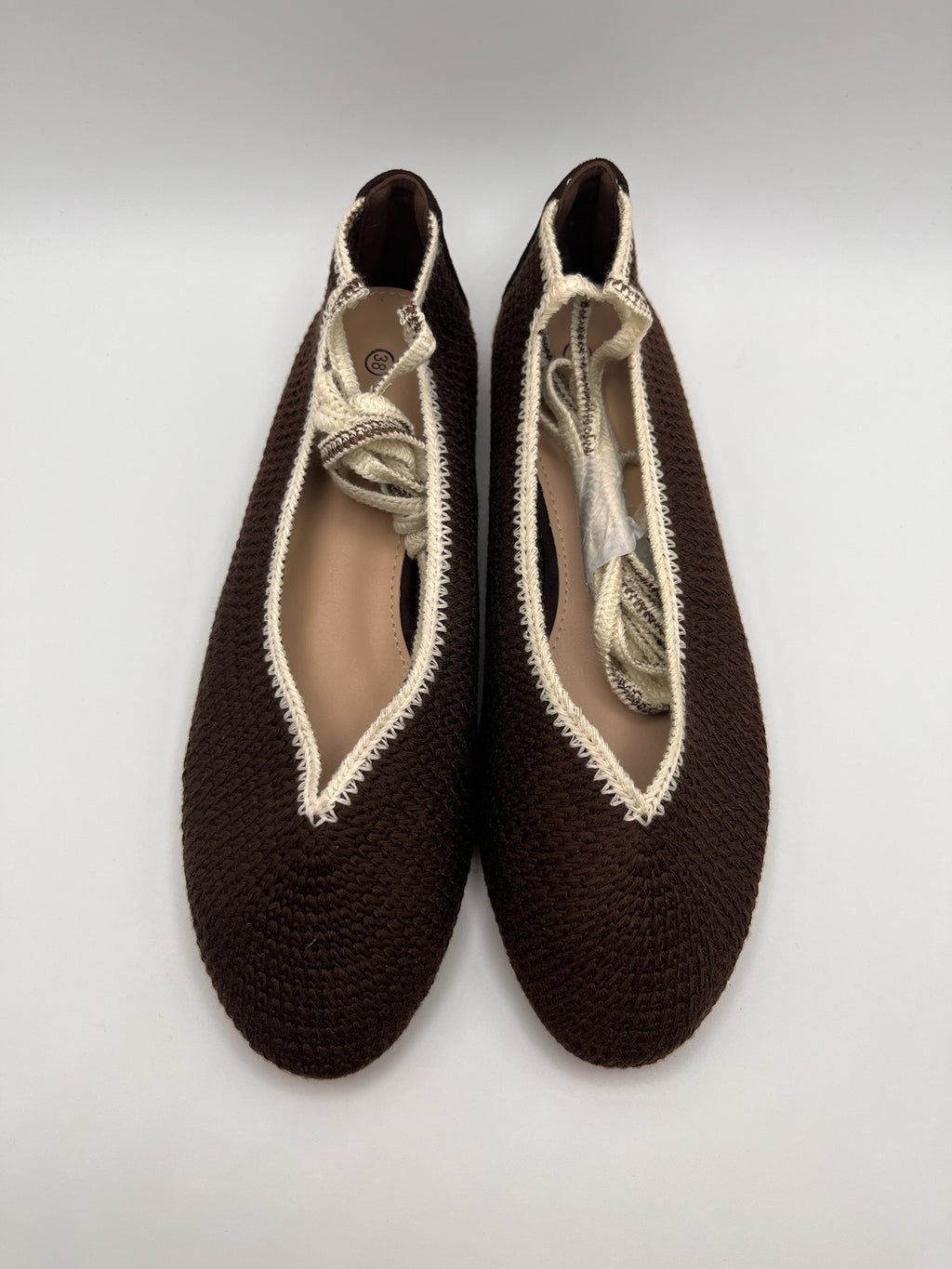 Sapatilhas Rasas Stephan Paris Tipo Alpergata Mulher Castanho Escuro Brown; Sapatos de Atar no Tornozelo bege Estilo Casual em Tecido Entrançado Camurça Confortáveis