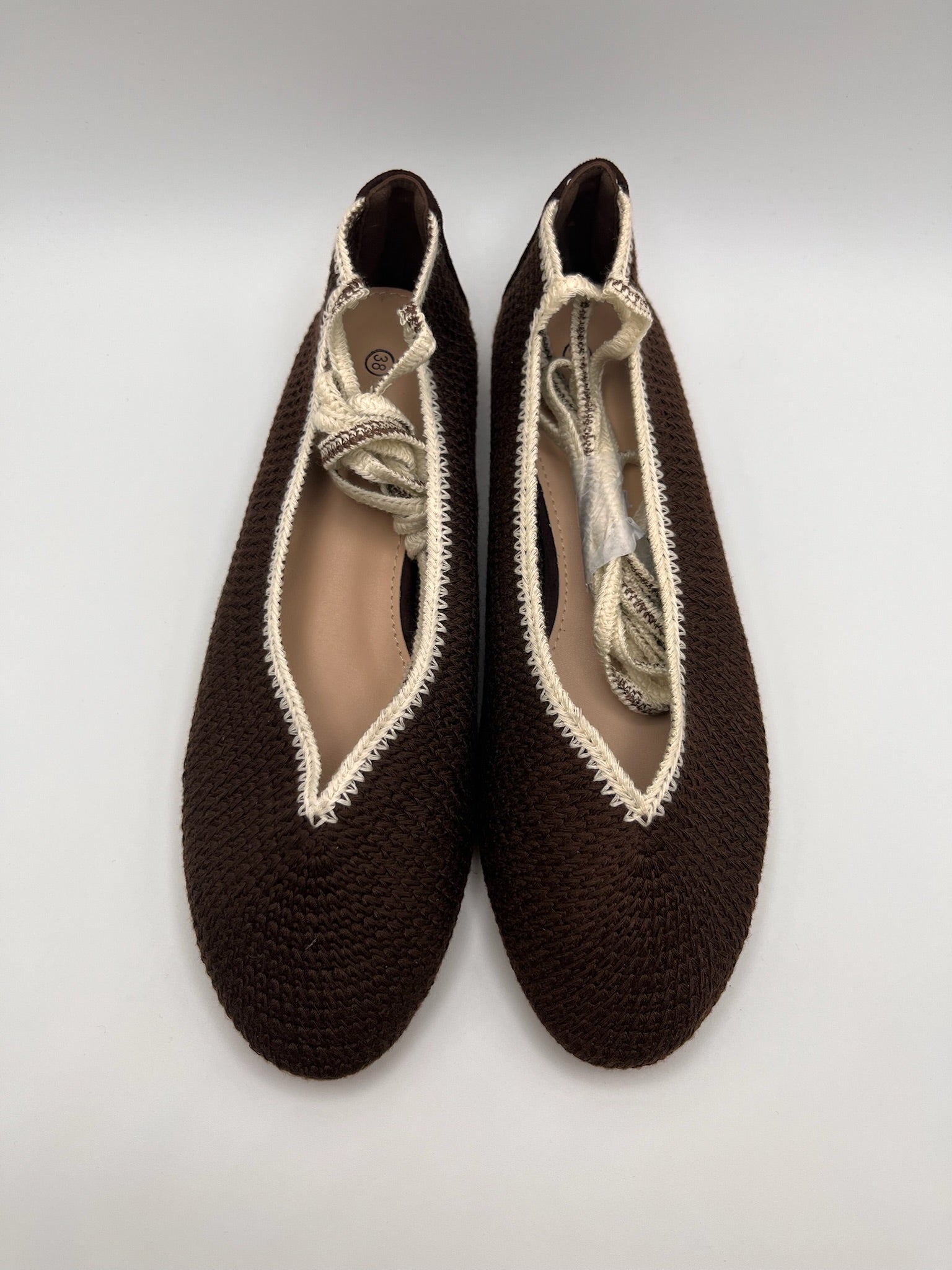 Sapatilhas Rasas Stephan Paris Tipo Alpergata Mulher Castanho Escuro Brown; Sapatos de Atar no Tornozelo bege Estilo Casual em Tecido Entrançado Camurça Confortáveis