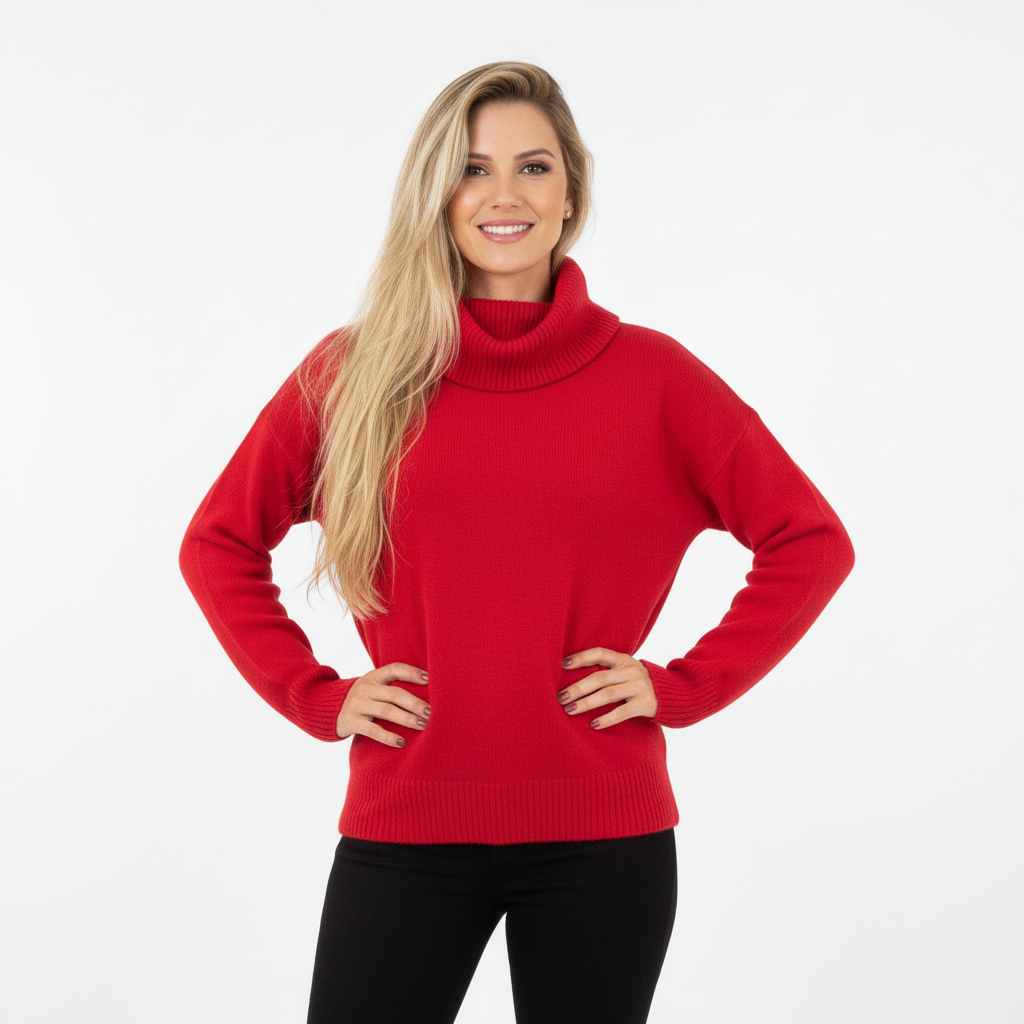 CAMISOLA GOLA ALTA 6° SHOP VERMELHO CACHARREL MANGA CUMPRIDA CANELADA