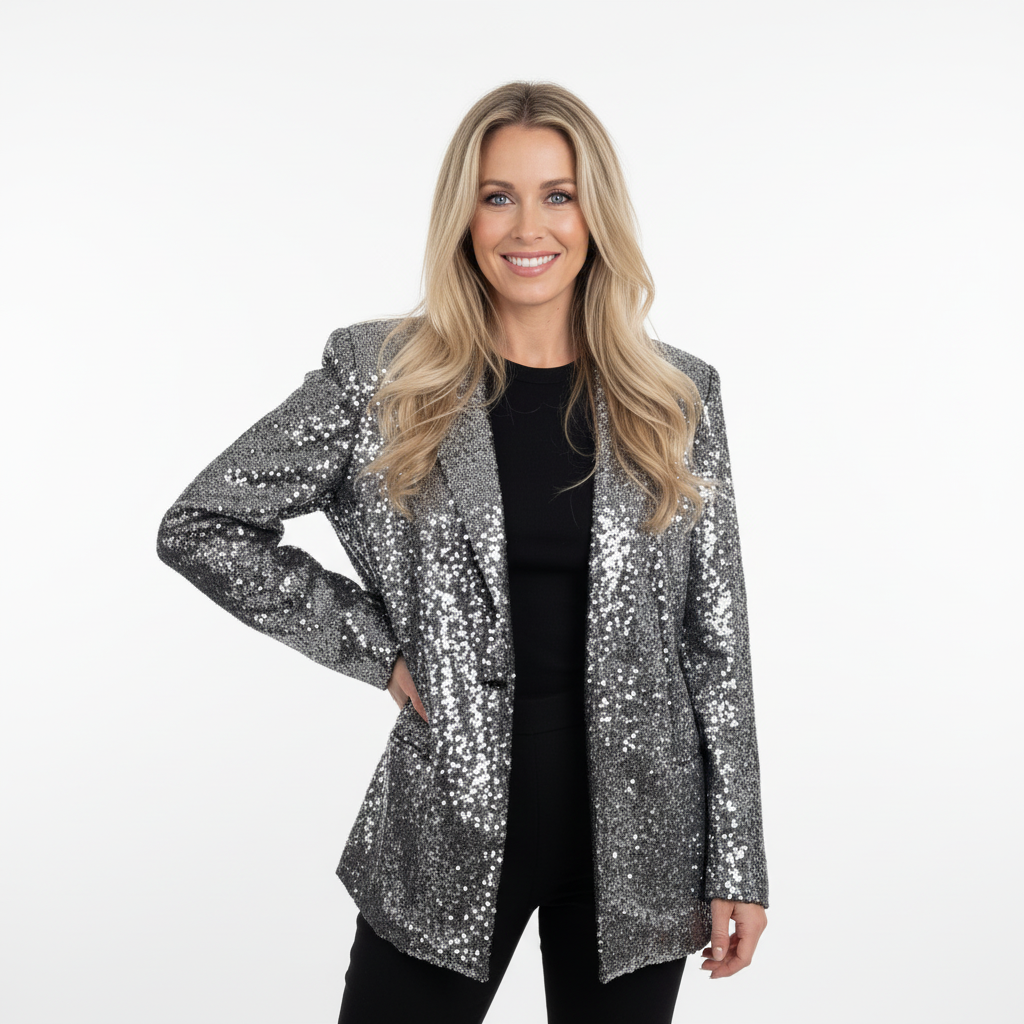 BLAZER LUMINA PRATA FESTA LANTEJOULA TERNO ACINTURADO BOLSOS