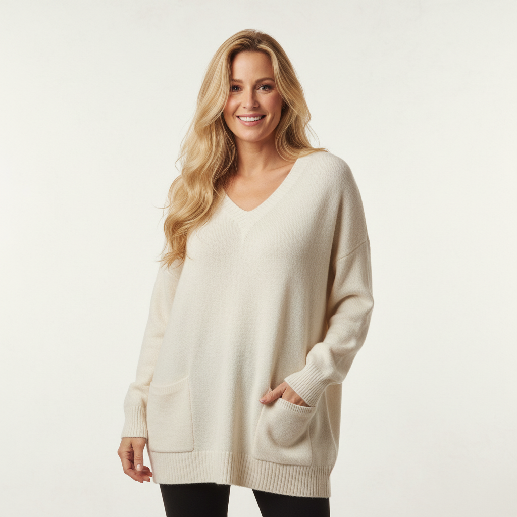 CAMISOLA CREME PUNHO BARRA CANELADO BOLSO DUPLO FRONTAL DECOTE EM BICO