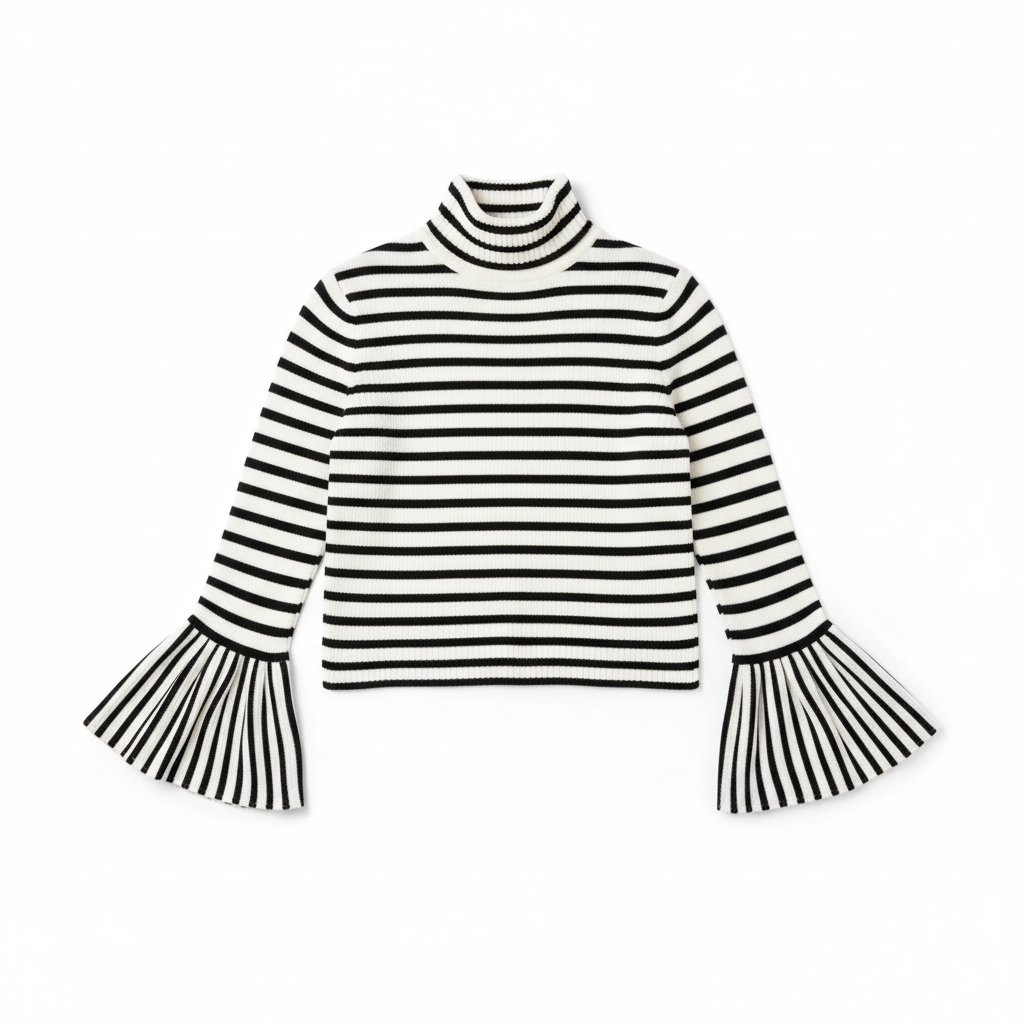 CAMISOLA GOLDEN DAYS PRETO E BRANCO LISTRAS LISTRADO TECIDO CANELADO BABADO PUNHO MANGA LONGA GOLA ALTA CACHARREL LISTRA