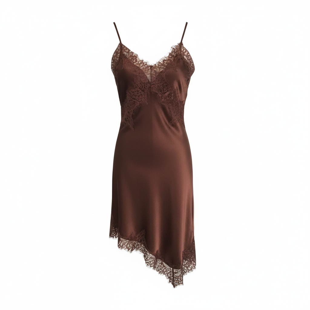 VESTIDO ELSA.M BY MAY CASTANHO COBRE  SETIN RENDA ALÇA RENDA BARRA BICO UNILANTERAL