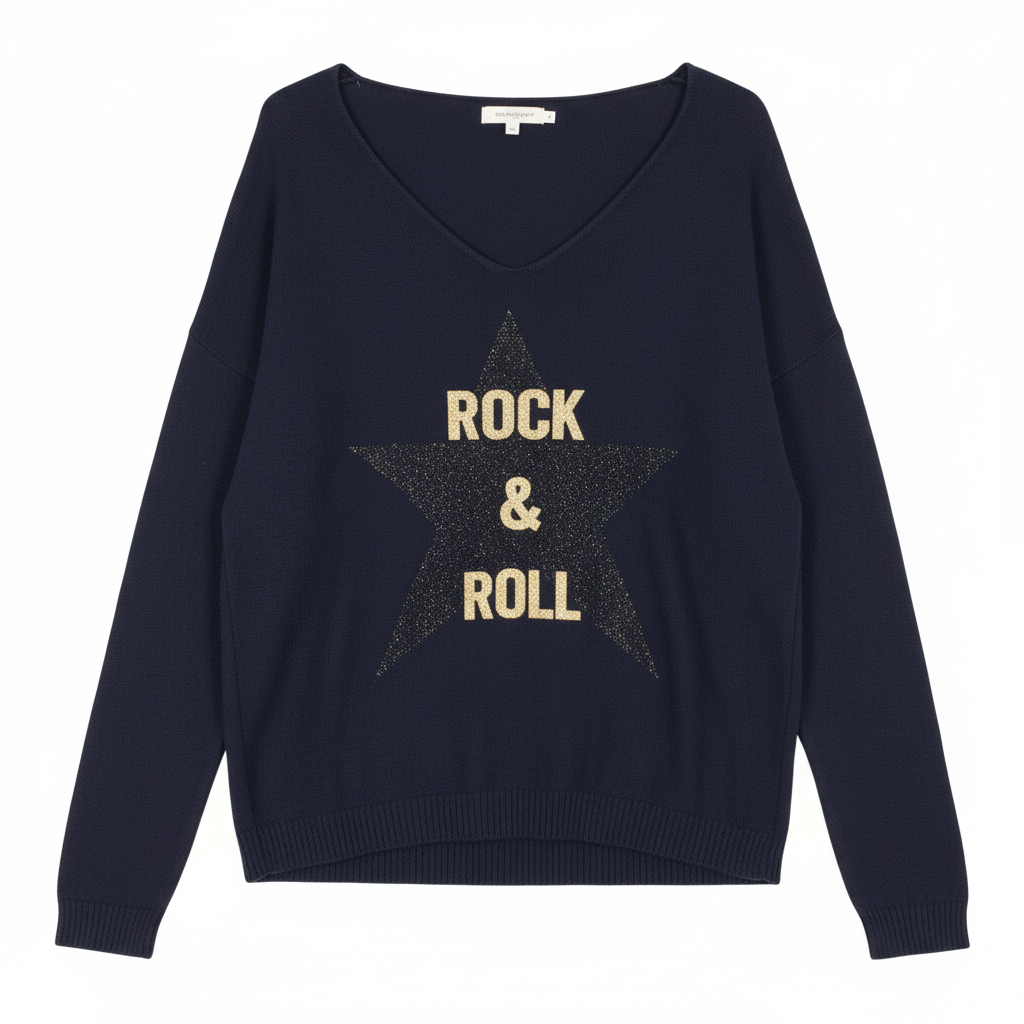 CAMISOLA APRIL VINTAGE AZUL ESCURO ESTAMPA ESTRELA ROCK & ROLL BRILHO DOURADO MANGA CUMPRIDA