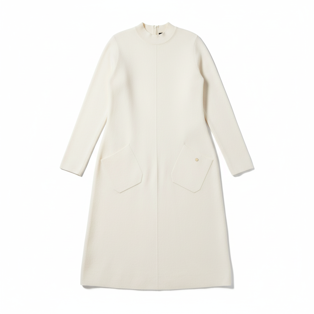 VESTIDO MAGLIFICIO ALFA BRANCO MANGA CUMPRIDA BOLSO FRONTAL CACHARREL GOLA ALTA