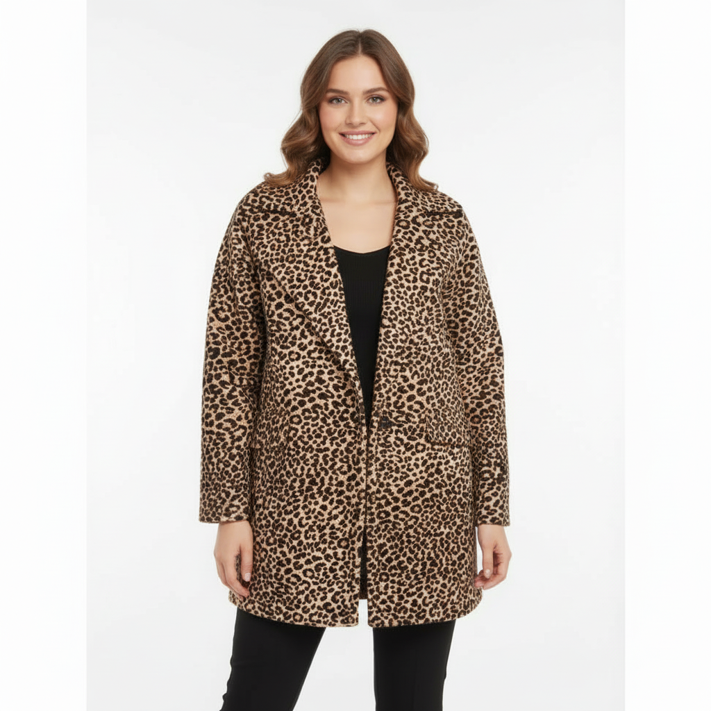 CASACO CAMILLE FRANCE LEOPARDO ANIMAL PRINT CASTANHO PRETO BOLSO BOTÃO