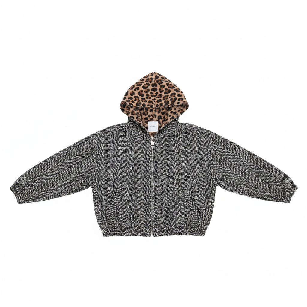 JAQUETA LUMINA REVERSÍVEL CINZA LEOPARDO ZIPER BOLSOS TOUCA CASACO