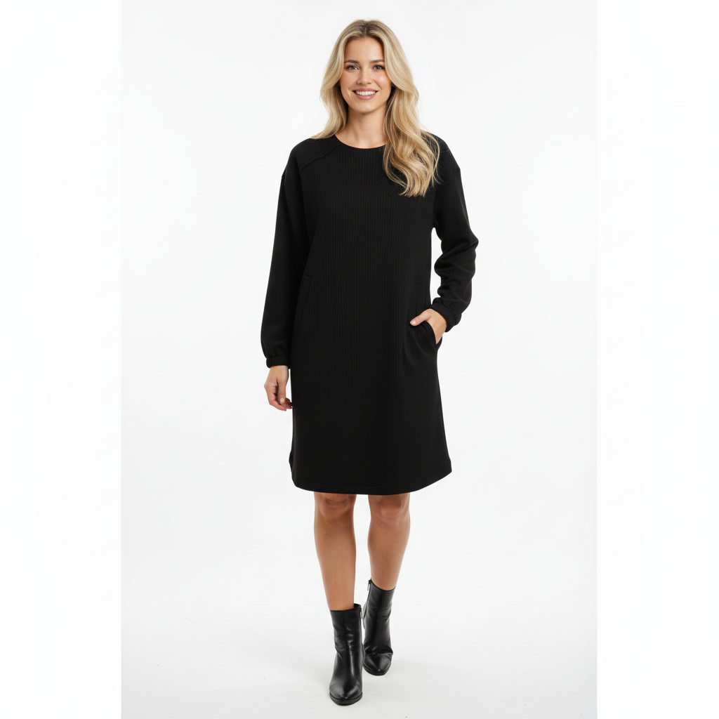 VESTIDO NEFELIBATA PRETO MANGA CUMPRIDA TECIDO CANELADO BOLSO LATERAL ZIPER