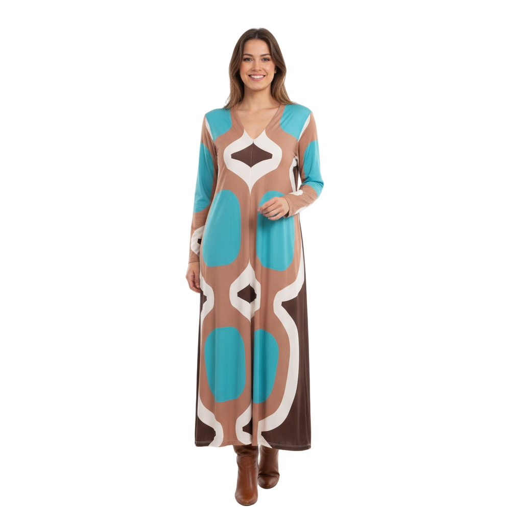 VESTIDO CAMILLE FRANCE AZUL CASTANHO BRANCO FENDA FRONTAL MANGA CUMPRIDA PADRÃO CIRCULOS LONGO