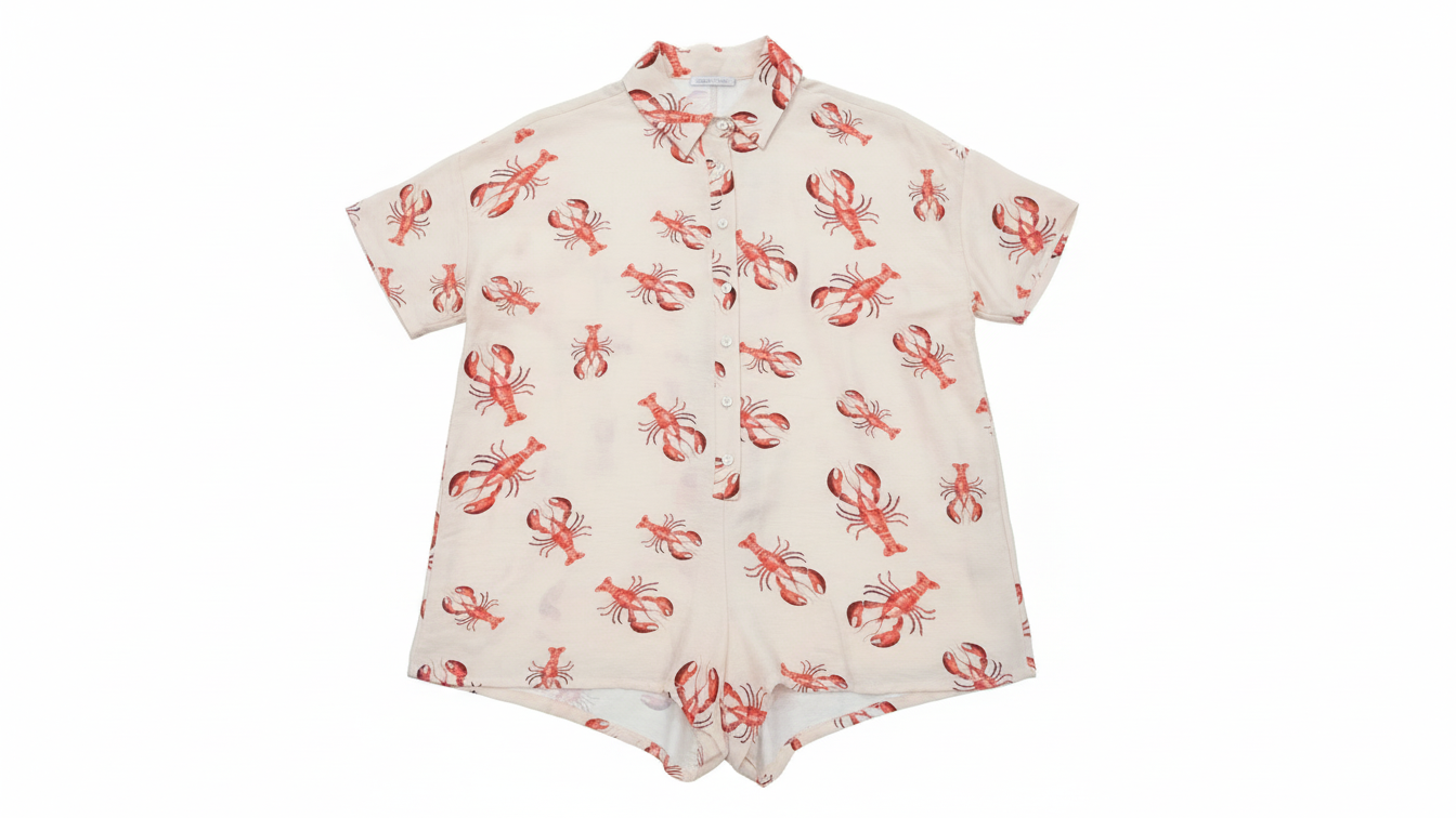 MACACÃO AMORADO CREME SHORTS ESTAMPA LAGOSTA BOTÕES FRONTAL BOLSOS LATERAL