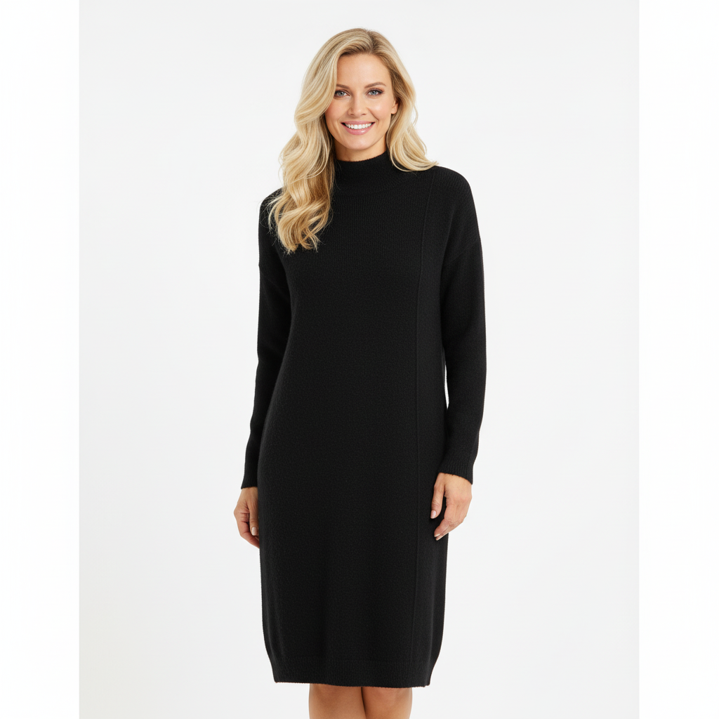 VESTIDO MODALAND PRETO MANGA CUMPRIDA TECIDO CANELADO GOLA ALTA CACHARREL