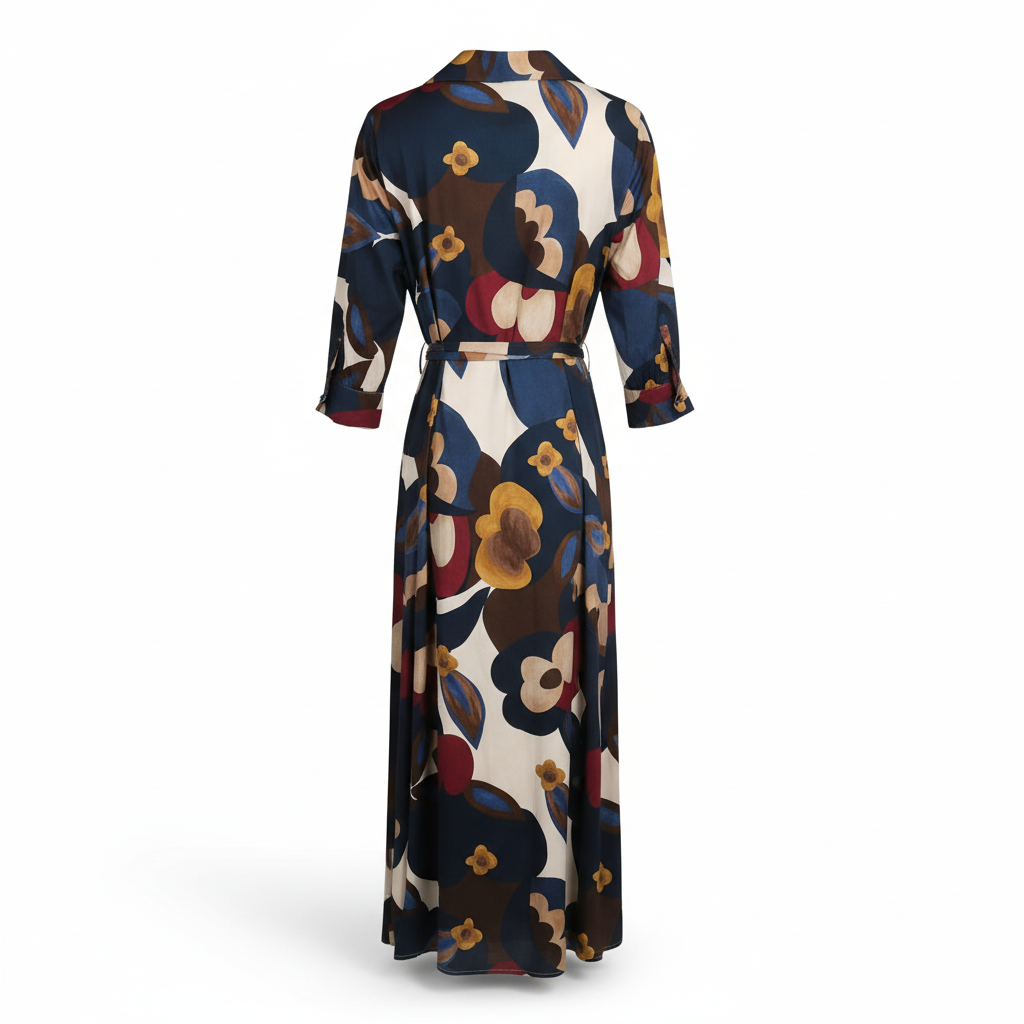 VESTIDO CAMILLE FRANCE ESCURO BRANCO CASTANHO BORDO BOTÕES CINTO PADRÃO FLORES LONGO