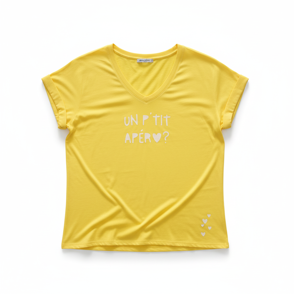 CAMISOLA APRIL VINTAGE AMARELO BRILHO ESTAMPA UN P' TIT APÉRO CORAÇÃO MANGA CURTA DECOTE EM BICO