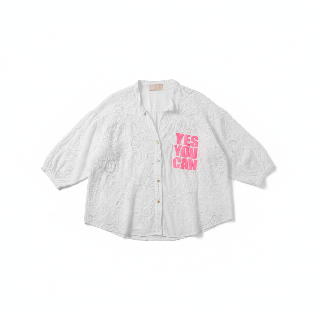 CAMISOLA APRIL VINTAGE BRANCO RENDA MANGA 3/4 ESTAMPA ROSA NEON BRILHO YES YOU CAN BOTÕES