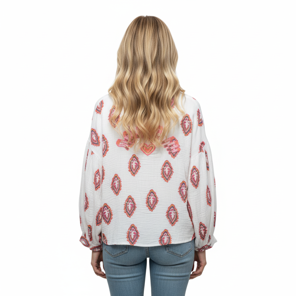 CAMISOLA GOLD&SILVER BRANCO ROSA PINK AZUL LARANJA DECOTE EM BICO MANGA CUMPRIDA BORDADO MIÇANGAS MI AMOR