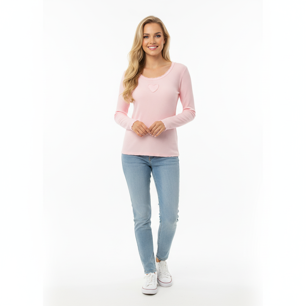 CAMISOLA MILANO ROSA BEBE DETALHE CORAÇÃO MANGA CUMPRIDA