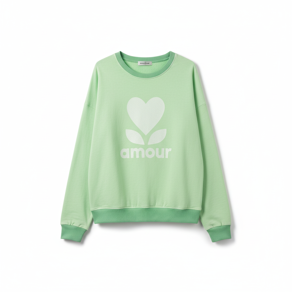 CAMISOLA APRIL VINTAGE VERDE LIMÃO BRILHO ESTAMPA FLOR CORAÇÃO AMOUR PUNHO CANELADO