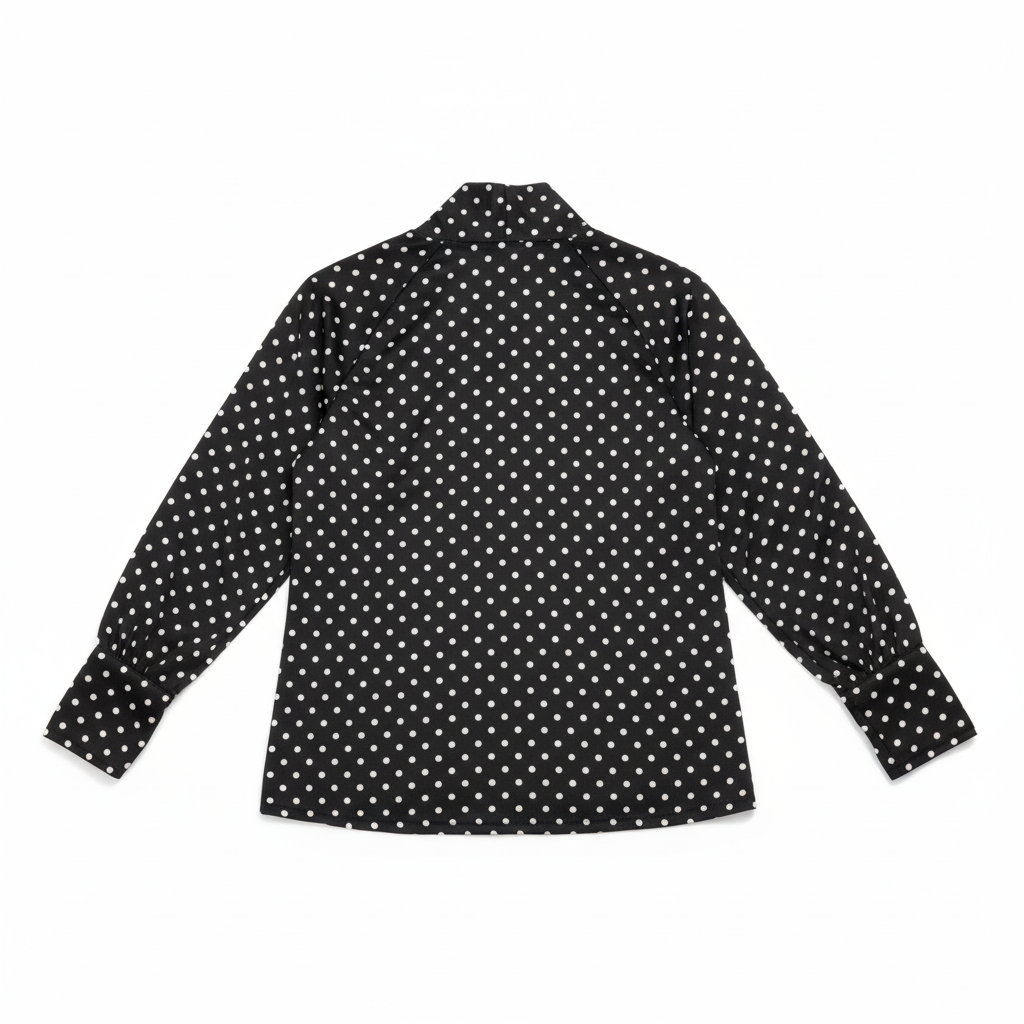 CAMISA CAMILLE FRANCE PRETO E BRANCO PADRÃO BOLAS GOLA LAÇO AMARRAÇÃO BOTÕES