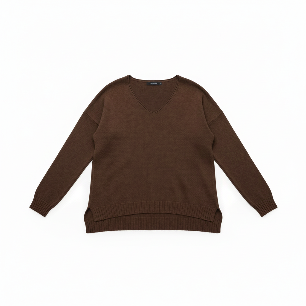 CAMISOLA 6° SHOP CASTANHO ESCURO DECOTE EM BICO MANGA CUMPRIDA CANELADA FENDA LATERAL