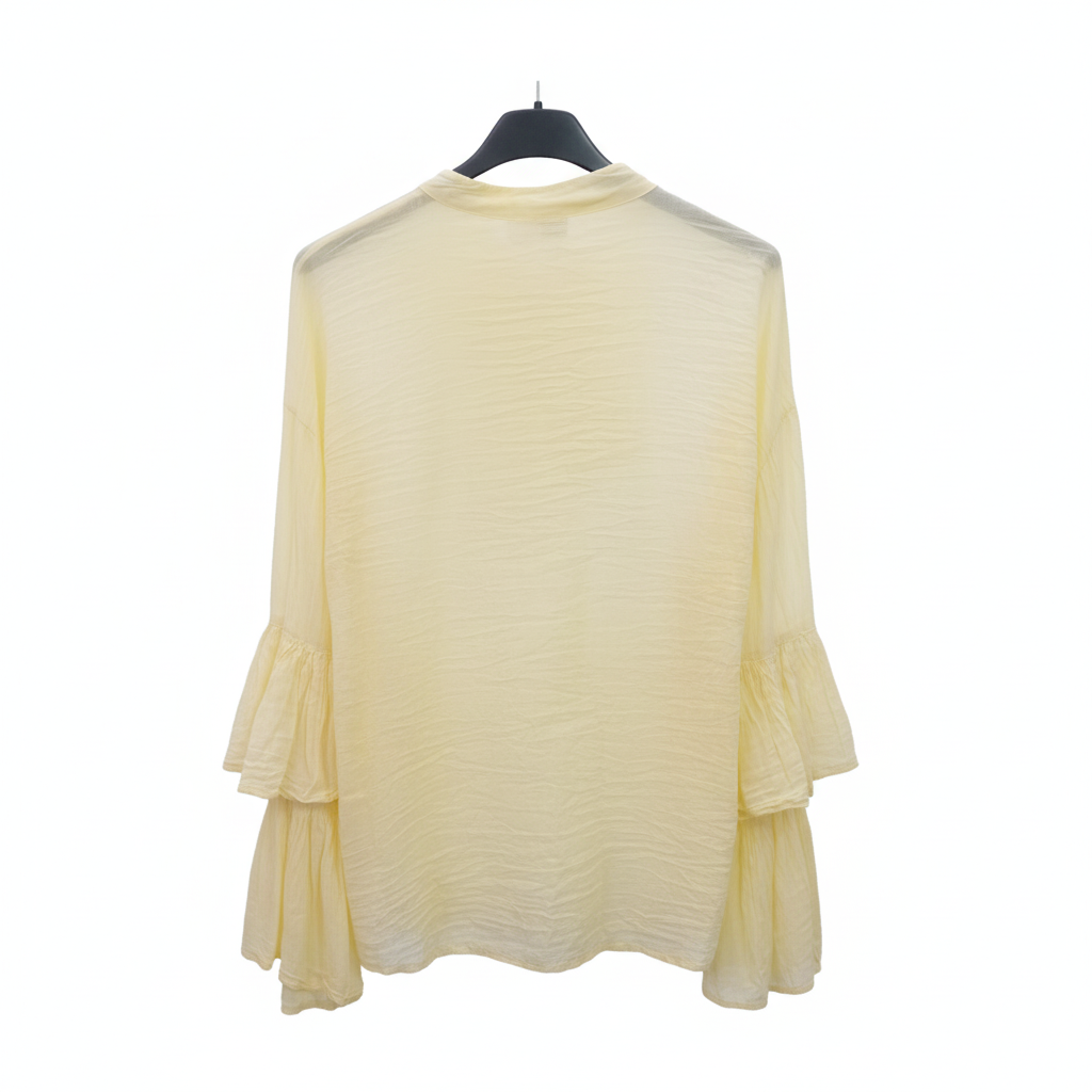 CAMISOLA APRIL VINTAGE AMARELO BEBE DECOTE CANOA BABADOS FRONTAL