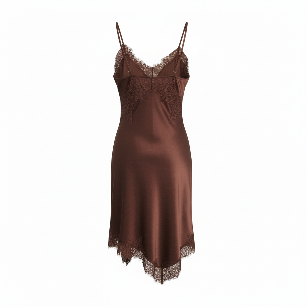 VESTIDO ELSA.M BY MAY CASTANHO COBRE  SETIN RENDA ALÇA RENDA BARRA BICO UNILANTERAL