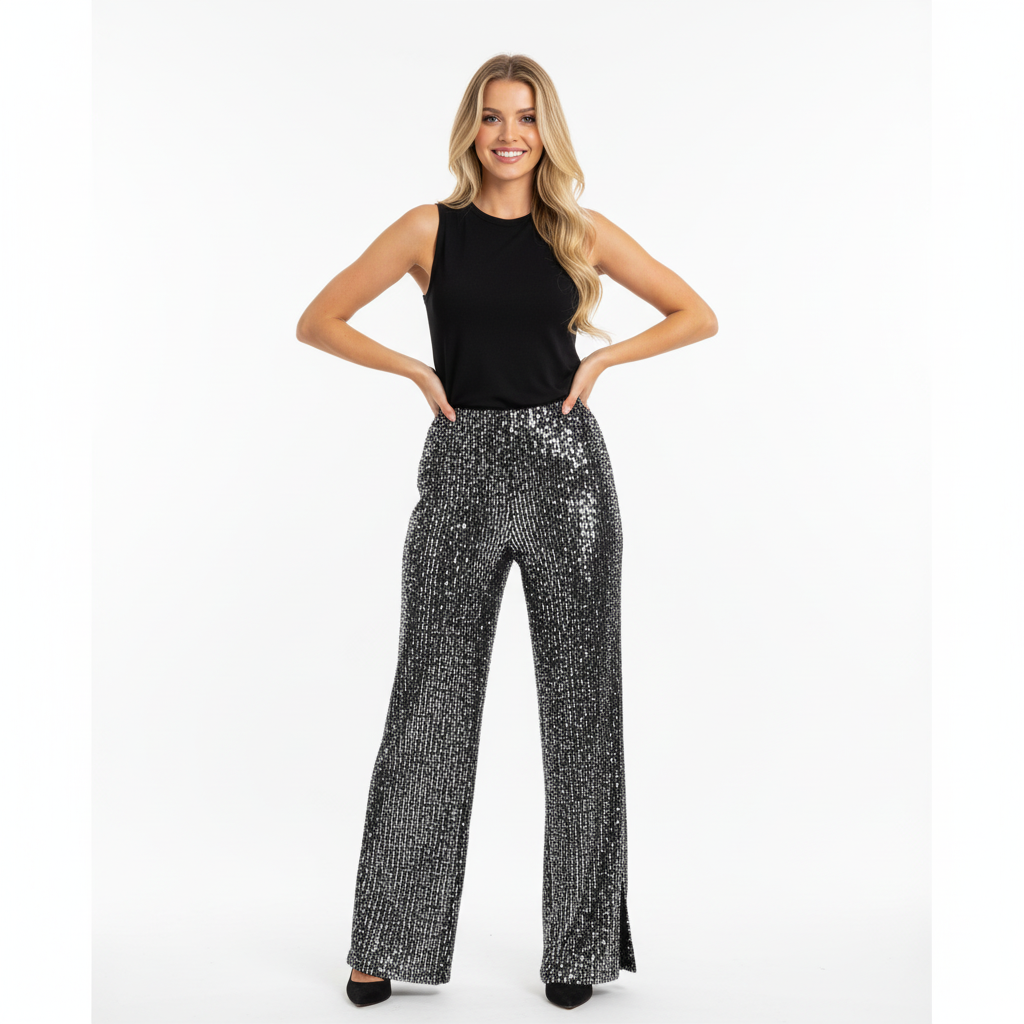 CALÇA RETA FRE SPIRIT PRATA PRETO LANTEJOULAS FENDA