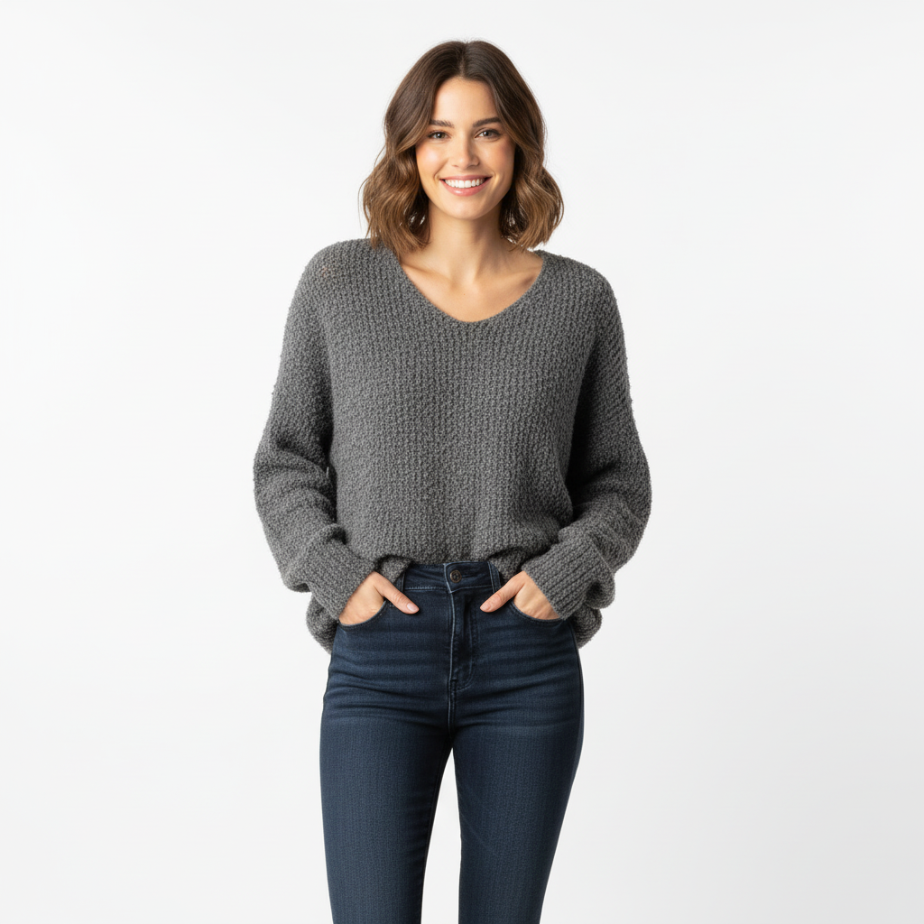 CAMISOLA COCO ITALIA CINZA DECOTE EM BICO LÃ LISO