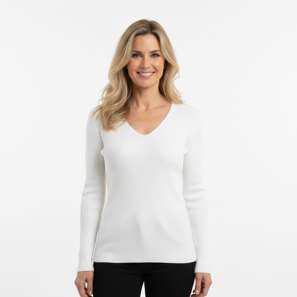 CAMISOLA VINCEOTTO BRANCO DECOTE EM BICO MANGA CUMPRIDA CANELADA