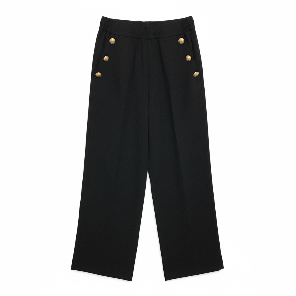 CALÇA EGLAF RETA PRETO APLICAÇÕES DOURADAS BOLSO