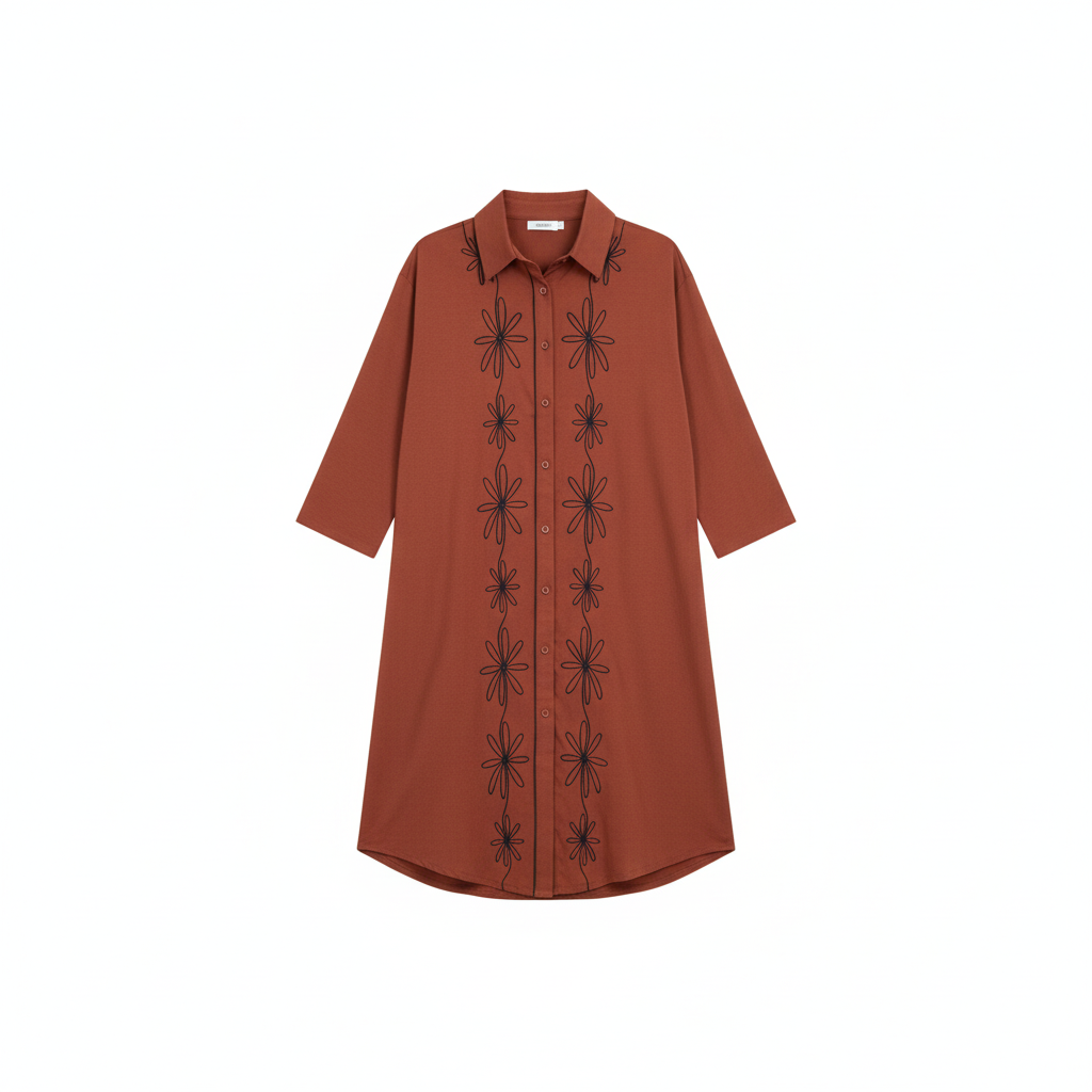 VESTIDO NEFELIBATA TERRACOTA PRETO MANGA CUMPRIDA BORDADO FLOR BOTÕES MANGA 3/4