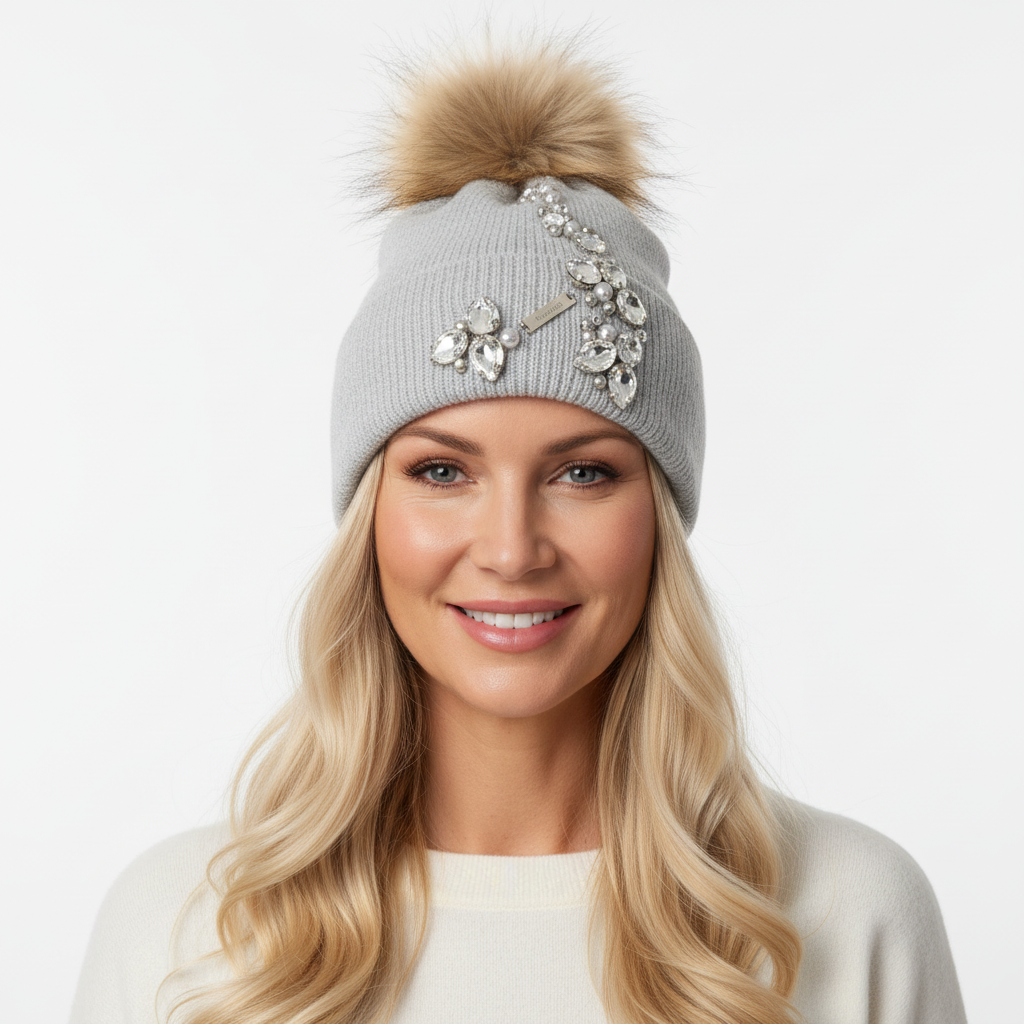 GORRO CINZA GELO POMPOM PELO CASTANHO TOUCA