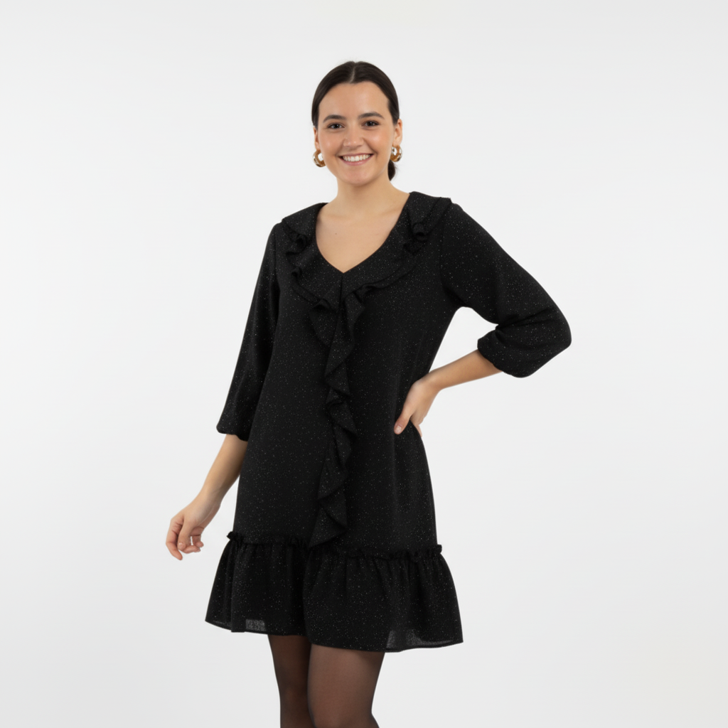 VESTIDO PRETO FESTA MANGA CUMPRIDA BRILHO BABADO FRONTAL DECOTE BARRA